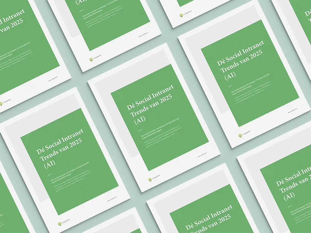 Omslagafbeelding van de whitepaper 'De Social Intranet Trends van 2025', met moderne visuals en het logo van I-Experts.