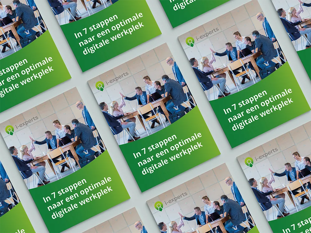 Mockup van een whitepaper over een optimale digitale werkplek, met zeven stappen voor succes.