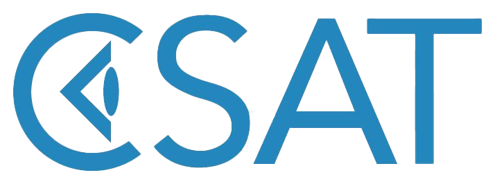 Blauw logo met de letters 'CSAT', waarbij de letter 'C' een gedeeltelijke cirkel vormt.