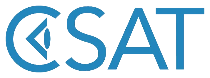 Blauw logo met de letters 'CSAT', waarbij de letter 'C' een gedeeltelijke cirkel vormt.