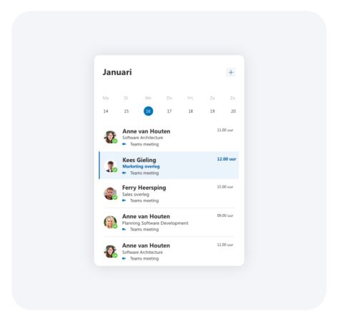 Agenda interface met geplande Teams vergaderingen en taken voor verschillende medewerkers.