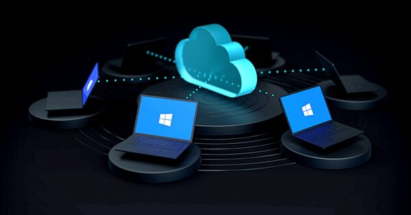 Laptops verbonden met een centrale cloud, symboliserend de connectiviteit en integratie van Azure Virtual Desktop.