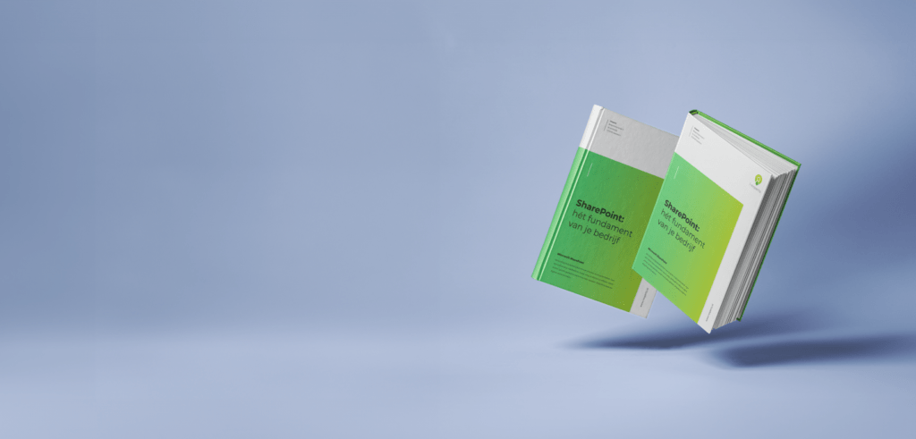 Zwevende brochures over SharePoint op een blauwe achtergrond.