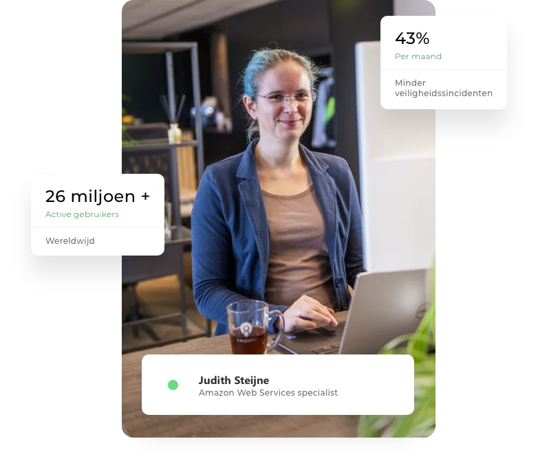 Judith Steijne, een Amazon Web Services specialist, werkt op haar computer in een kantooromgeving, met informatie over gebruikersstatistieken en veiligheidsverbeteringen.