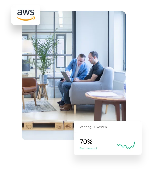 Twee professionals bespreken werk op een laptop in een stijlvol kantoor, met het AWS-logo en statistieken die een daling van IT-kosten tonen.