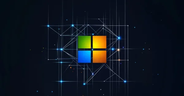 Microsoft Azure-logo met digitale netwerkverbindingen op een donkere achtergrond, ter illustratie van Azure Virtual Desktop-configuratie.