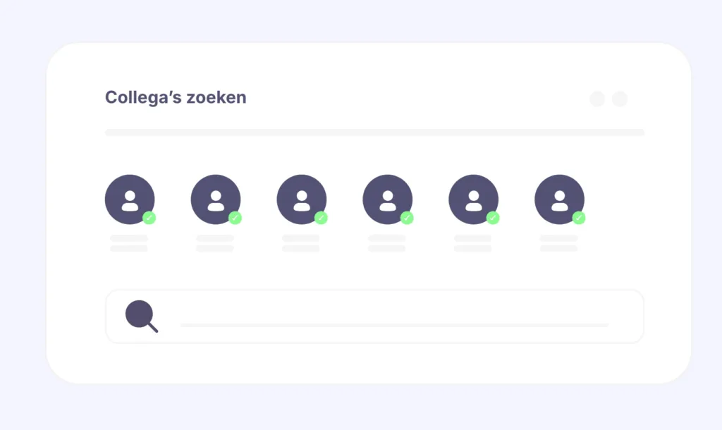 Visuele weergave van het webonderdeel Collega’s zoeken op het intranet, met profielfoto’s, namen en contactopties per medewerker.