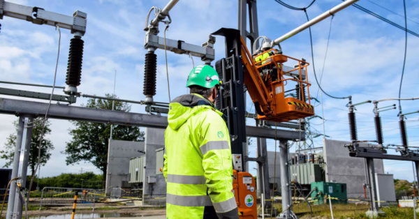 Medewerker van Voltado voert werkzaamheden uit in een hoogspanningsinstallatie met veiligheidsuitrusting.