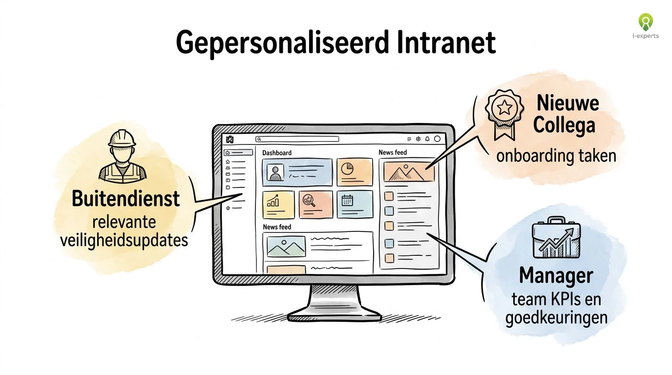 Schetsdiagram van drie gepersonaliseerde intranetweergaven voor buitendienstmedewerker, nieuwe collega en manager