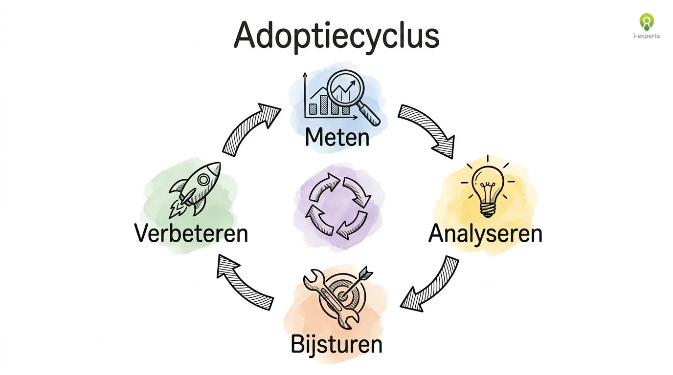 Cyclisch schetsdiagram van de adoptiecyclus voor een social intranet: meten, analyseren, bijsturen en verbeteren