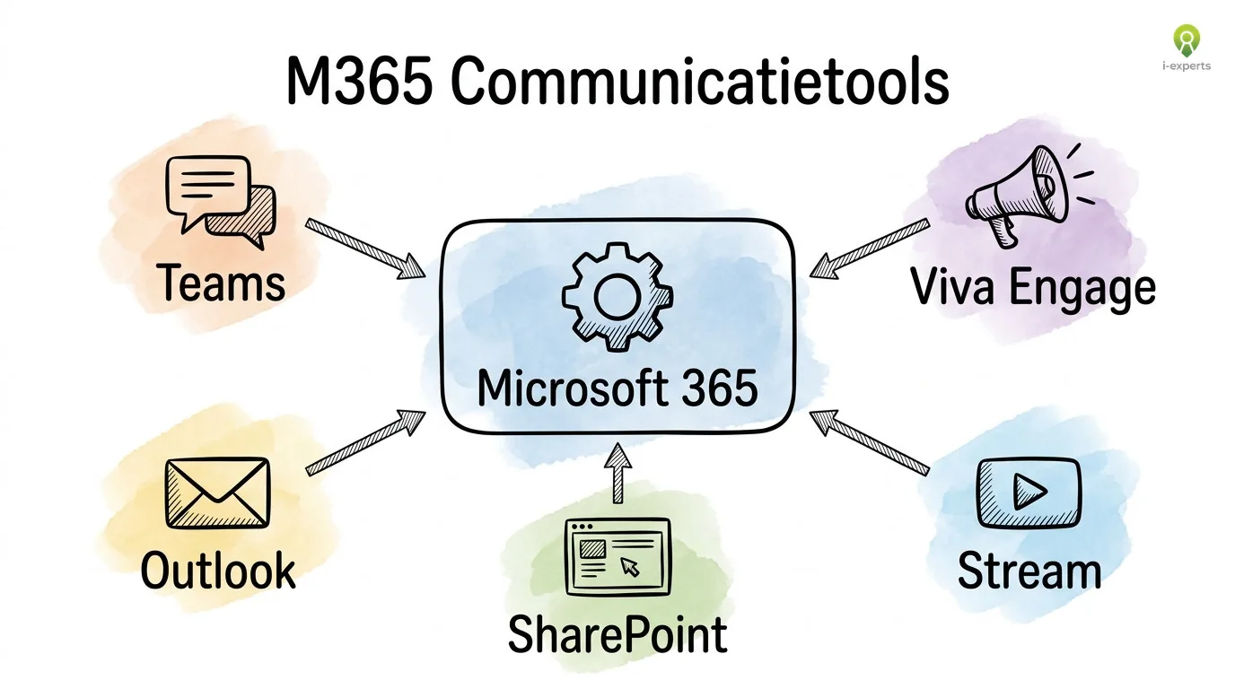 Hub-diagram: vijf Microsoft 365-tools voor interne communicatie verbonden met de organisatie