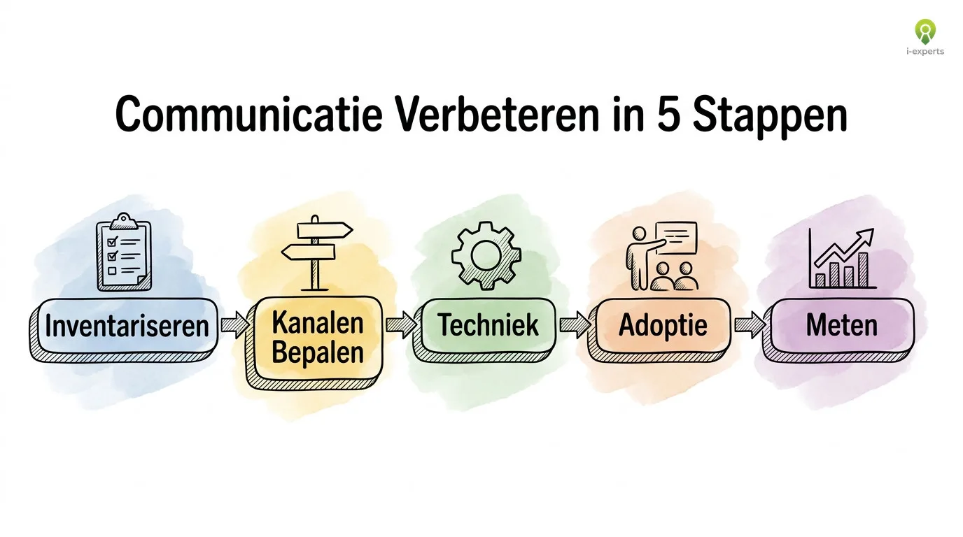 Procesdiagram: vijf stappen om interne communicatie te verbeteren, van inventariseren tot meten