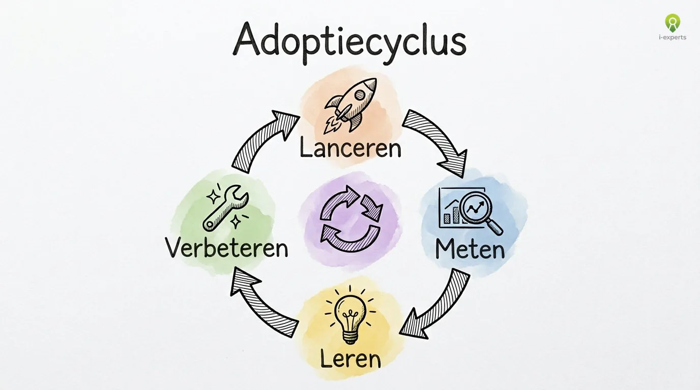 Cyclisch diagram van de SharePoint intranet adoptiecyclus: lanceren, meten, leren en verbeteren als doorlopend proces rondom de medewerker