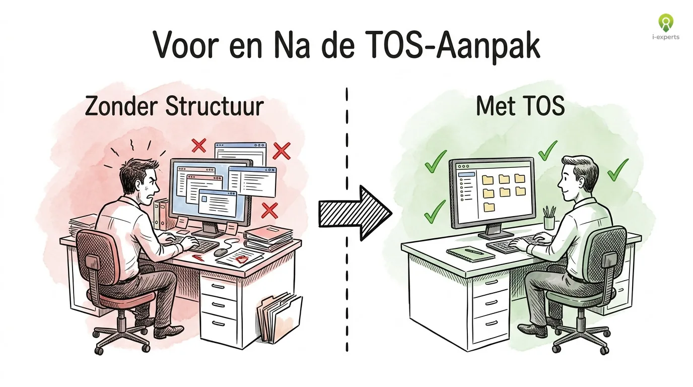 Voor-en-na diagram: links verspreide bestanden en losse Teams-kanalen zonder afspraken, rechts gestructureerde opslag met eigenaarschap via de TOS-aanpak