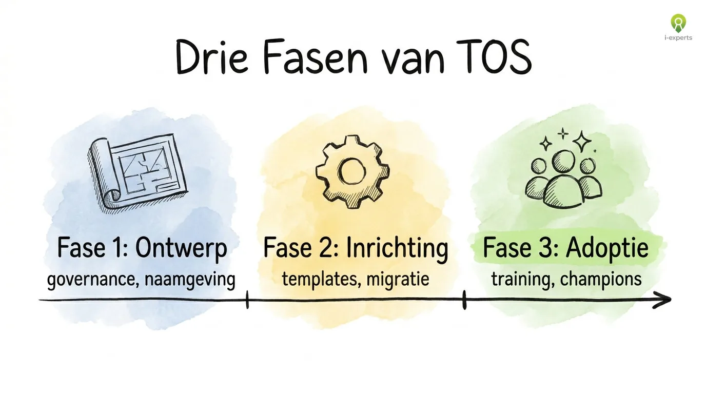 Procesdiagram van de drie fasen van de TOS-aanpak: route bepalen, verandering in beweging brengen en van verandering naar gewoonte