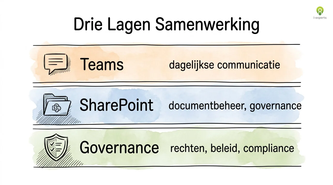 Lagendiagram: Teams, SharePoint en OneDrive als drie lagen van de digitale werkplek met onderlinge verbindingen