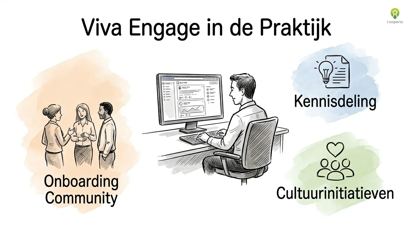 Werkplek-scène van een medewerker die Viva Engage gebruikt voor onboarding, kennisdeling en cultuurinitiatieven
