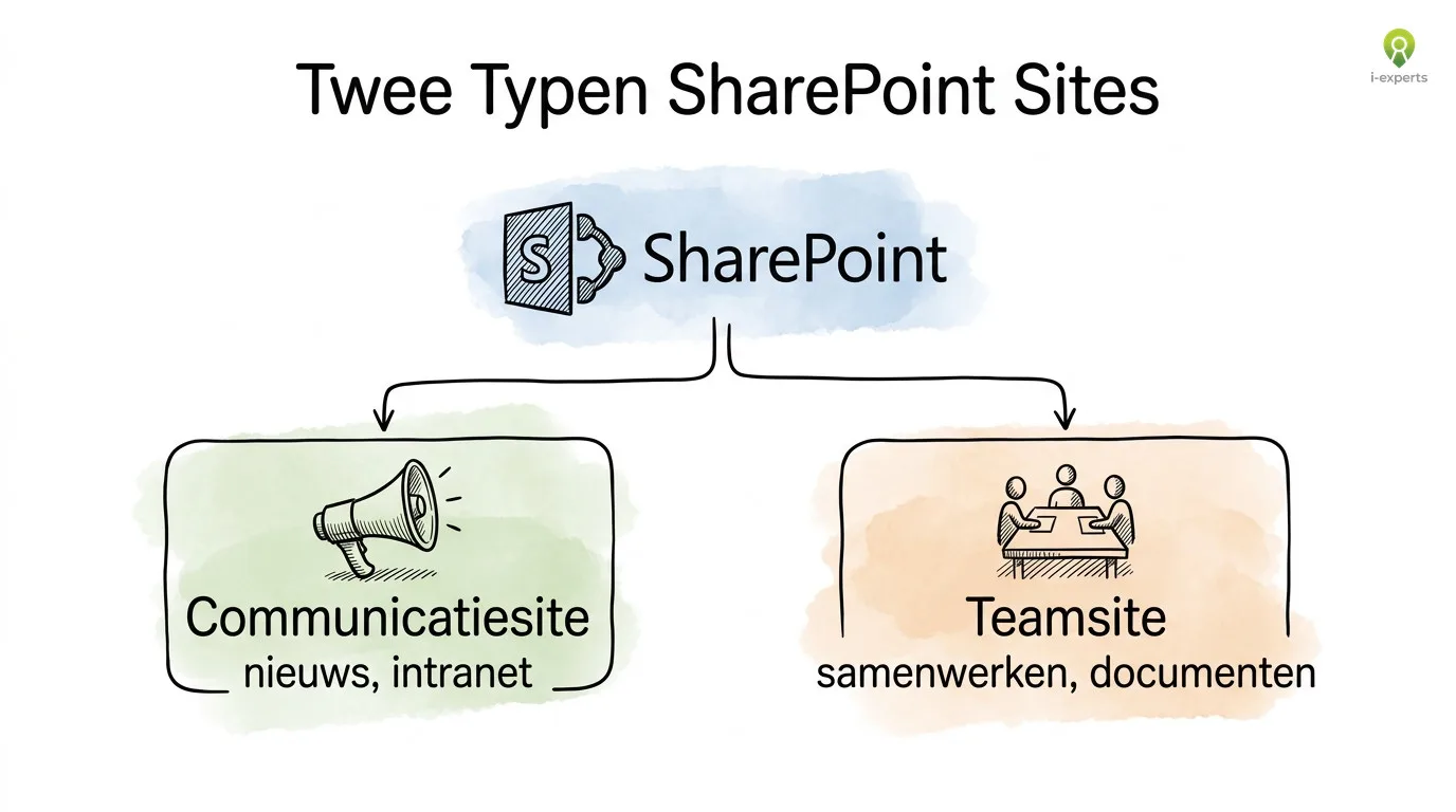 Organisatiestructuurdiagram: SharePoint omgeving met twee takken, communicatiesites voor nieuws en updates en teamsites voor samenwerking