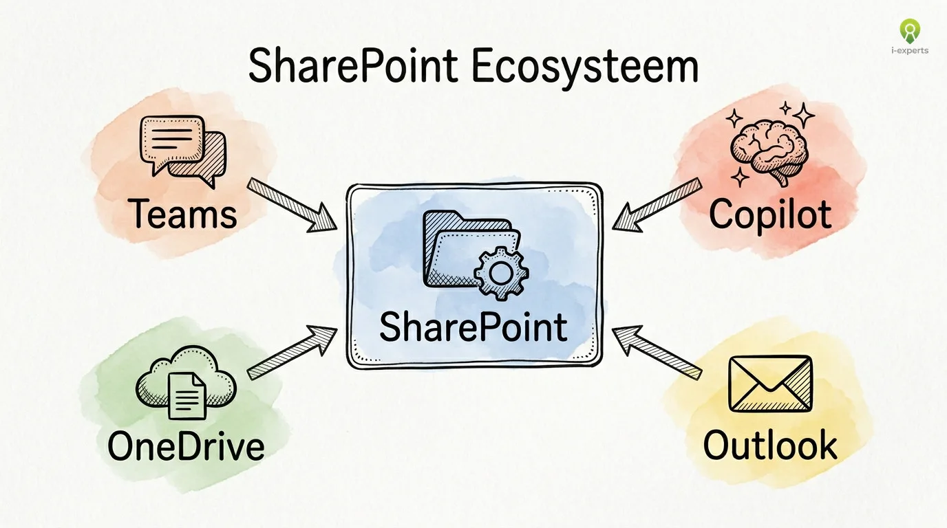 Hub-diagram: SharePoint centraal verbonden met Teams, Copilot, OneDrive en Outlook als geintegreerd Microsoft 365 ecosysteem