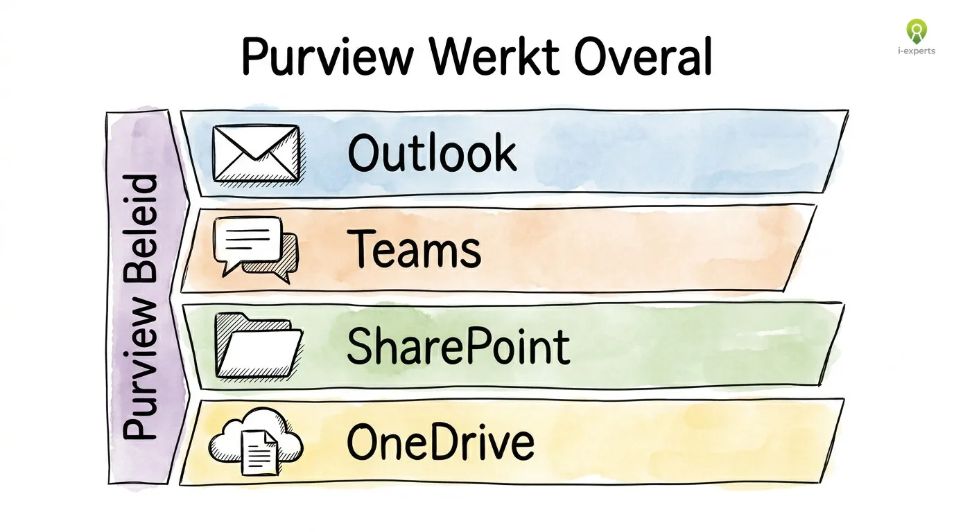 Lagendiagram dat toont hoe Microsoft Purview beleid doorwerkt in Outlook, Teams, SharePoint en OneDrive vanuit één centraal beheerportaal