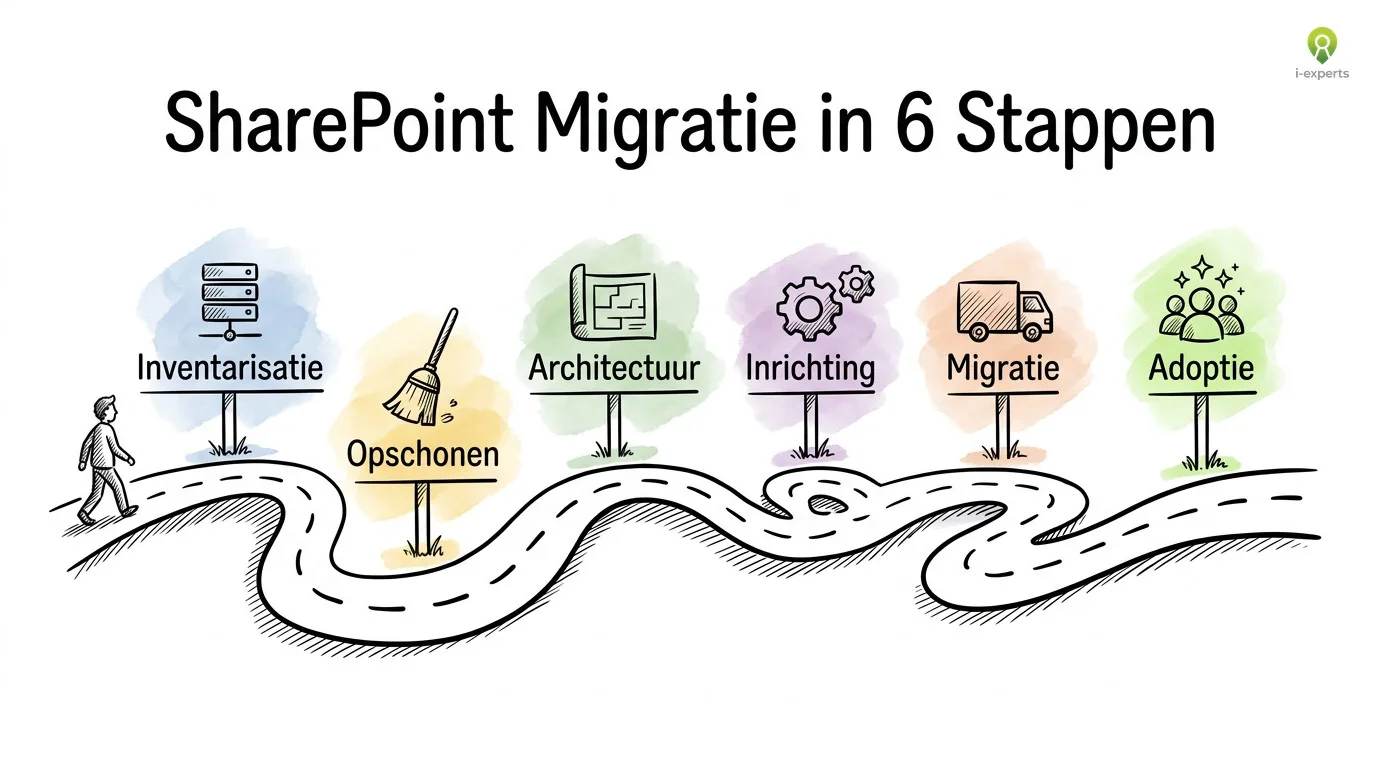Roadmap van SharePoint migratie in zes stappen: inventarisatie, opschonen, architectuur, inrichting, migratie en adoptie