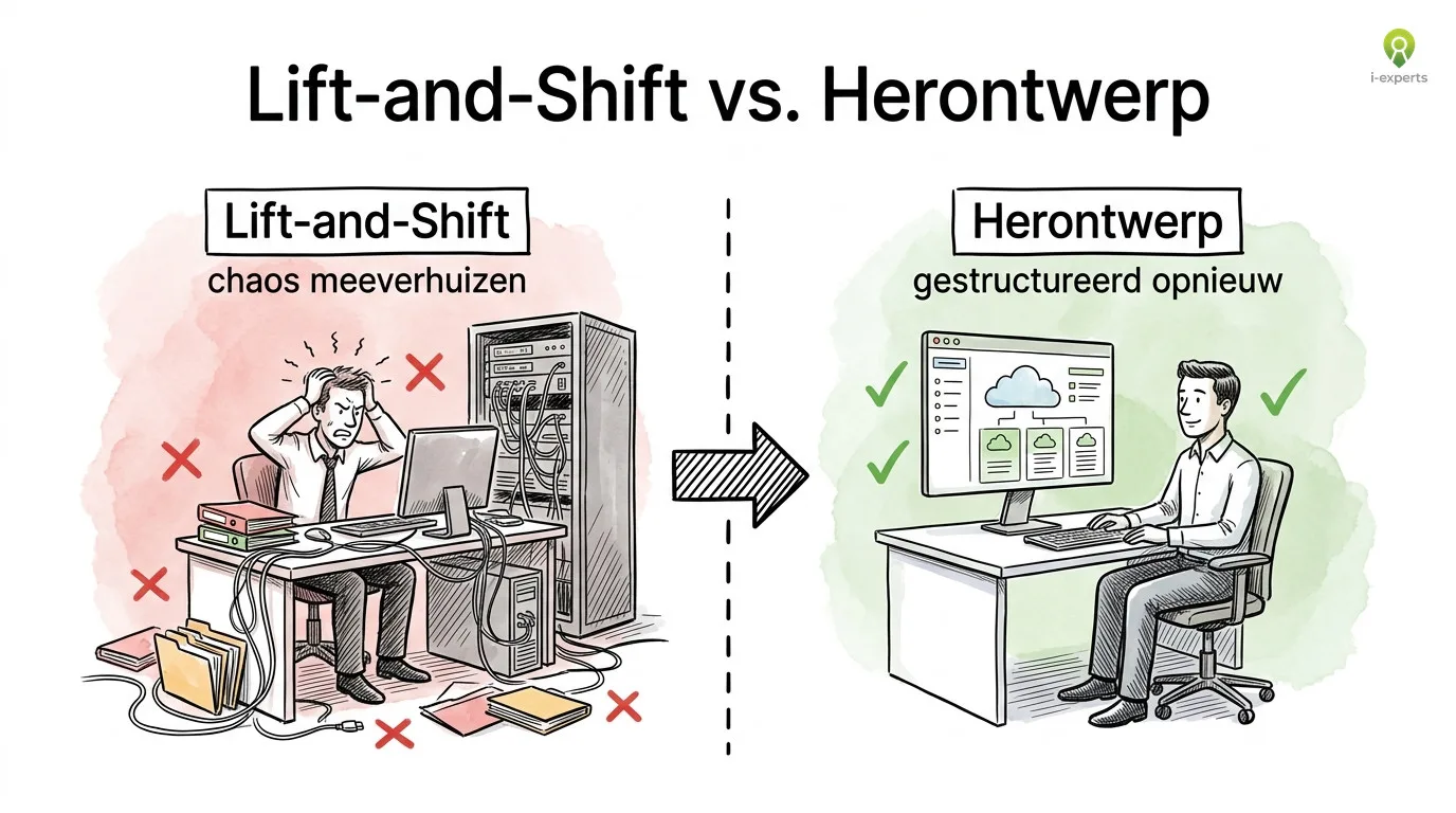 Vergelijkingsdiagram lift-and-shift versus herontwerp bij SharePoint migratie: links chaos meeverhuizen, rechts schone structuur klaar voor Copilot