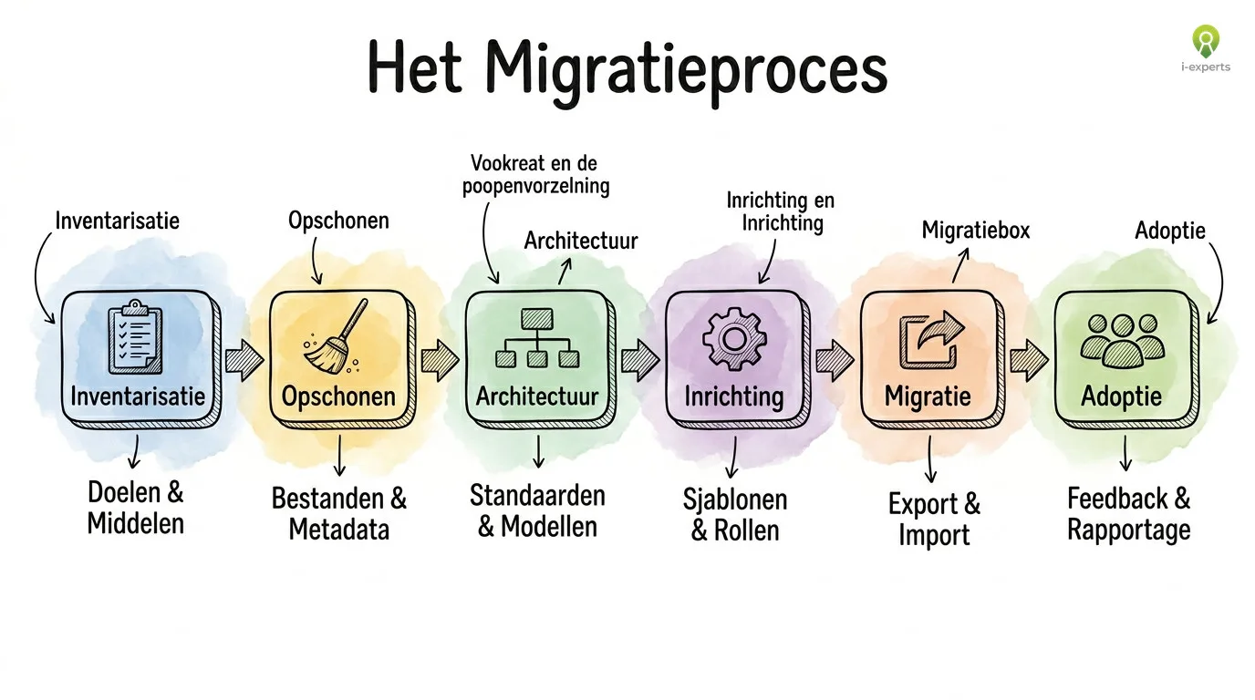 Procesdiagram van SharePoint migratie in zes stappen: inventarisatie, opschonen, architectuur ontwerpen, inrichting, migratie-uitvoering en adoptie