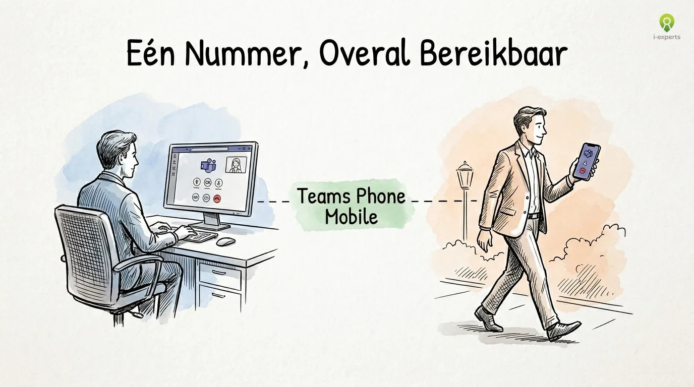 Schets van een medewerker die naadloos wisselt tussen smartphone en laptop voor teams telefonie via Odido eSIM