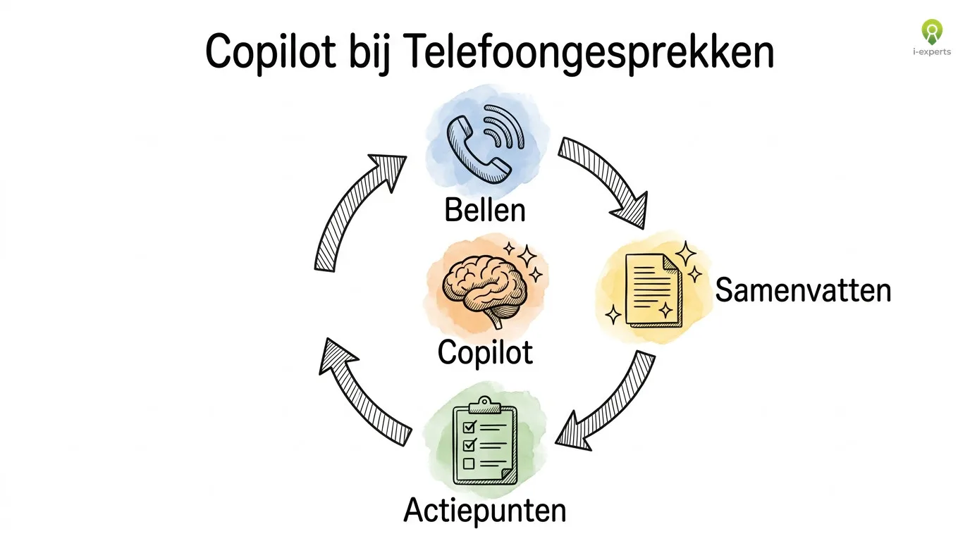 Cyclisch diagram dat toont hoe Copilot teams telefonie slimmer maakt: van gesprek naar samenvatting, actiepunten en vervolgacties