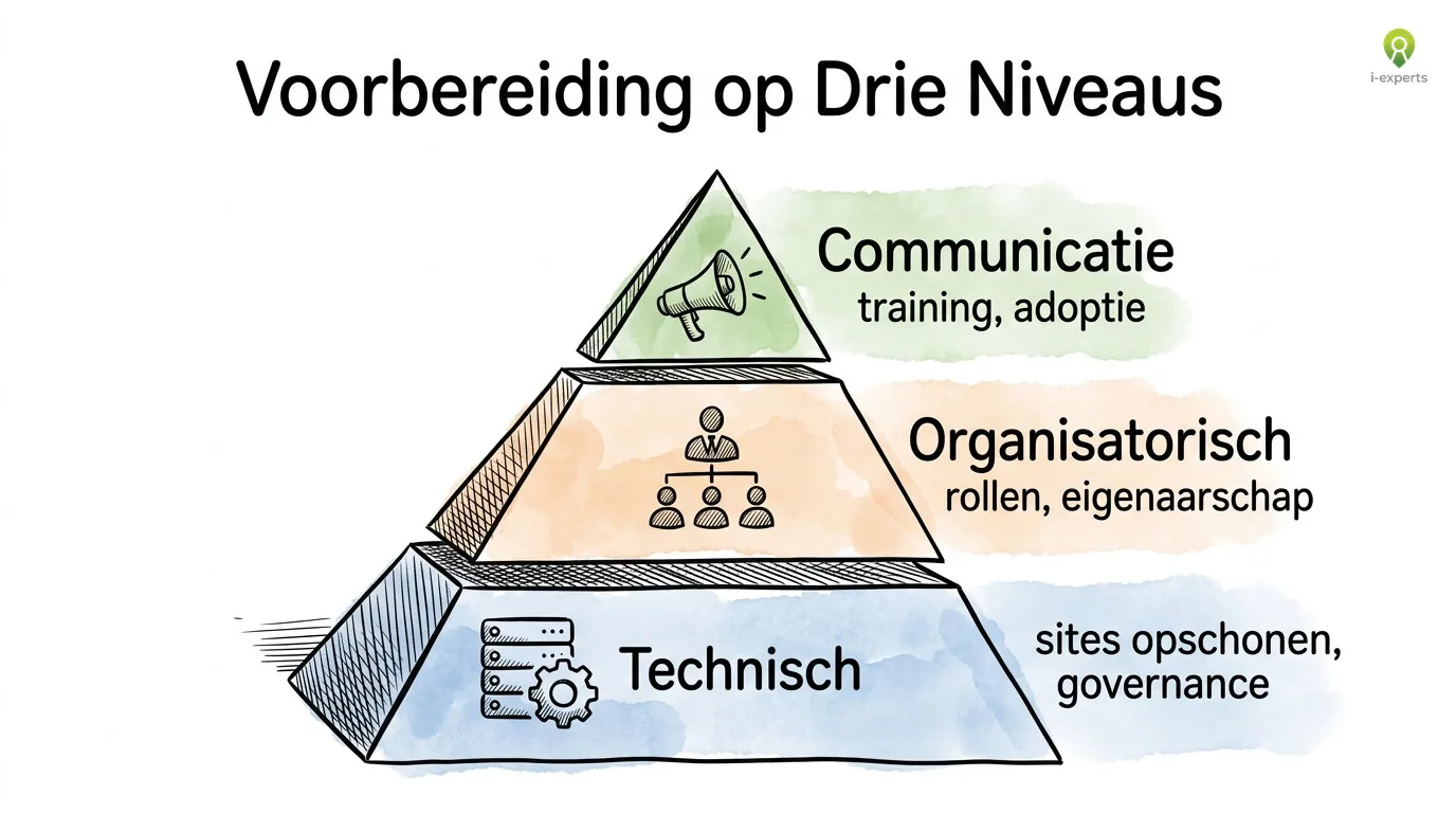 Piramidediagram met drie voorbereidingsniveaus voor de nieuwe SharePoint Experience: technisch, organisatorisch en communicatief