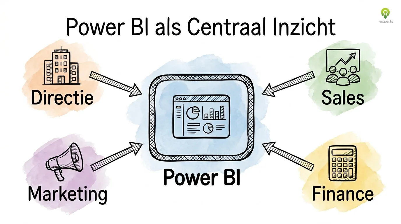 Hub-diagram met Power BI centraal verbonden met drie afdelingen: financieel, operatie en management: een waarheid voor de hele organisatie