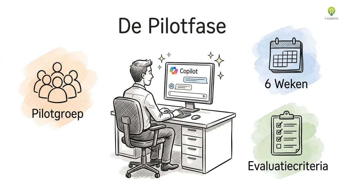 Werkplekscene van een Copilot-pilot: een medewerker achter een scherm met vier pilotonderdelen: 4-6 weken looptijd, 15-30 deelnemers, nulmeting en feedback