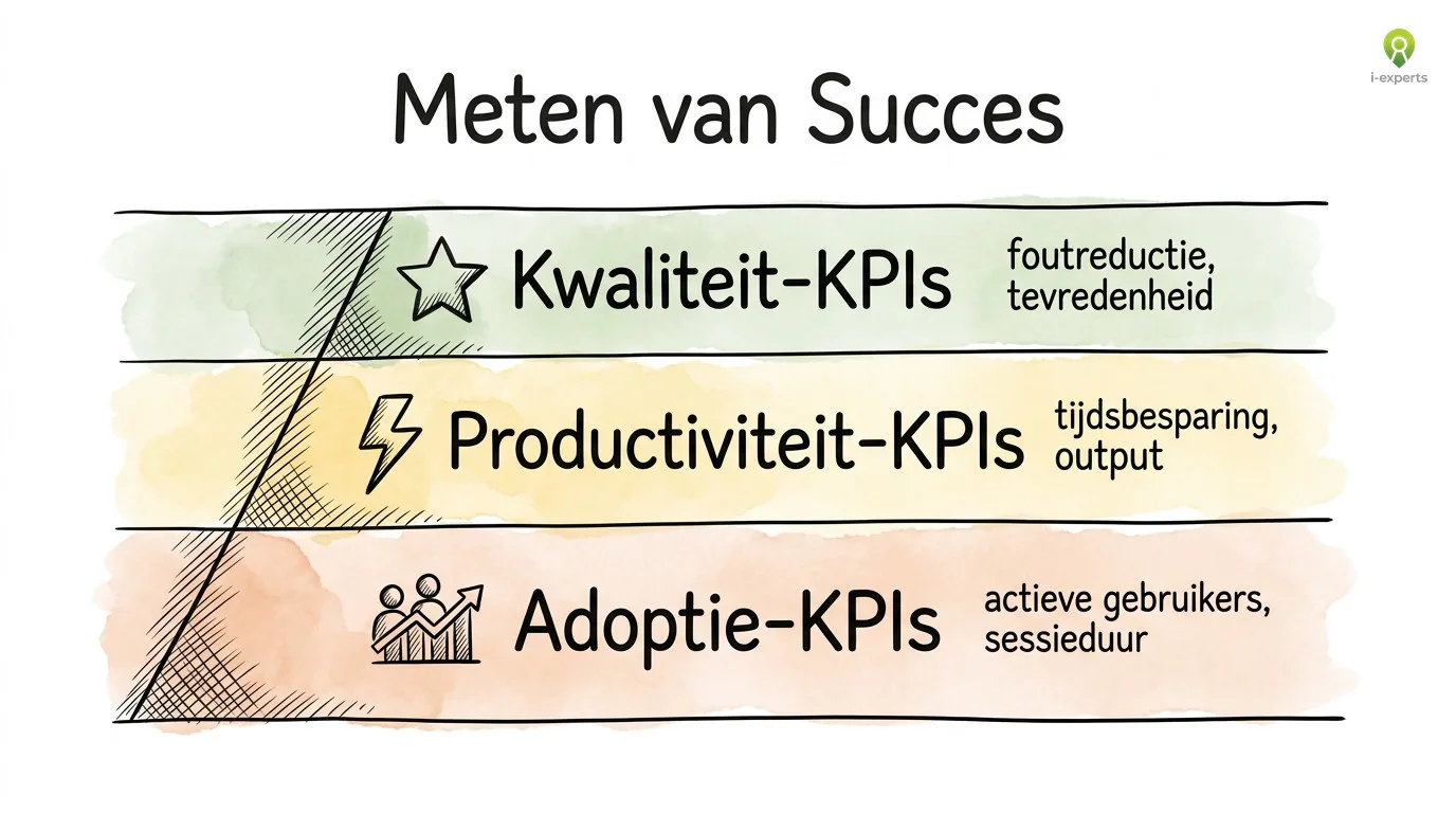 Gestapeld lagendiagram met drie niveaus van Copilot-succes meten: adoptie als basis, productiviteit in het midden en kwaliteit als top