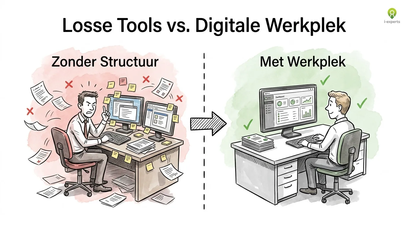 Voor-en-na vergelijking van een digitale werkplek: links verspreide documenten en verwarring, rechts een gestructureerde Microsoft 365 omgeving met overzicht