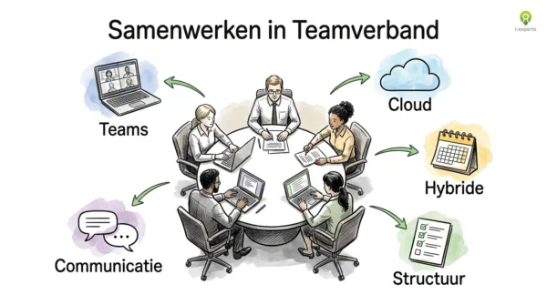 Schets van een team dat samenwerkt rondom een centrale tafel, verbonden met digitale tools als Teams, cloud en hybride werkplekken