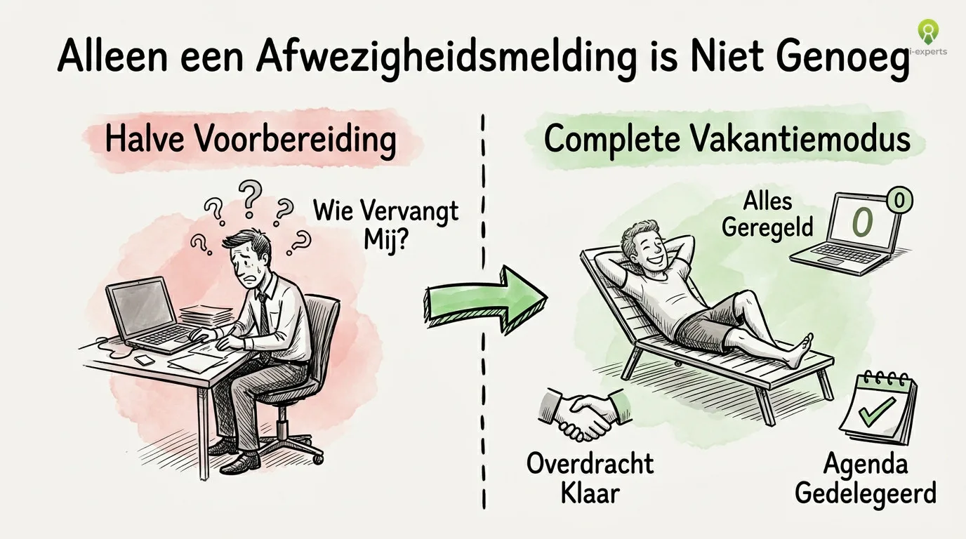 Vergelijking halve voorbereiding versus complete vakantiemodus in Microsoft 365: van volle inbox en onzekerheid naar alles geregeld