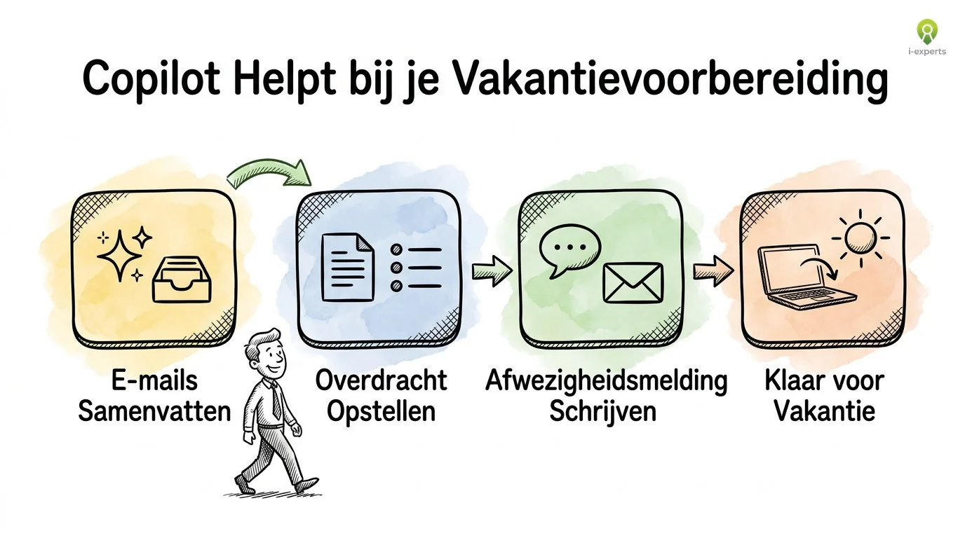 Procesflow van Microsoft Copilot vakantievoorbereiding: e-mails samenvatten, overdracht opstellen, afwezigheidsmelding schrijven en klaar voor vakantie