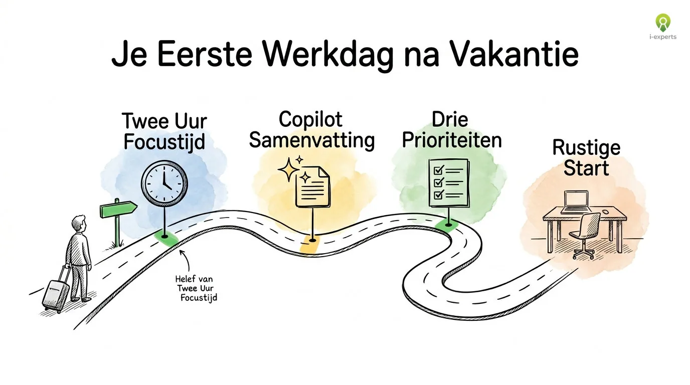 Terugkomstplan na vakantie: pad van focustijd via Copilot samenvatting en drie prioriteiten naar een rustige eerste werkdag