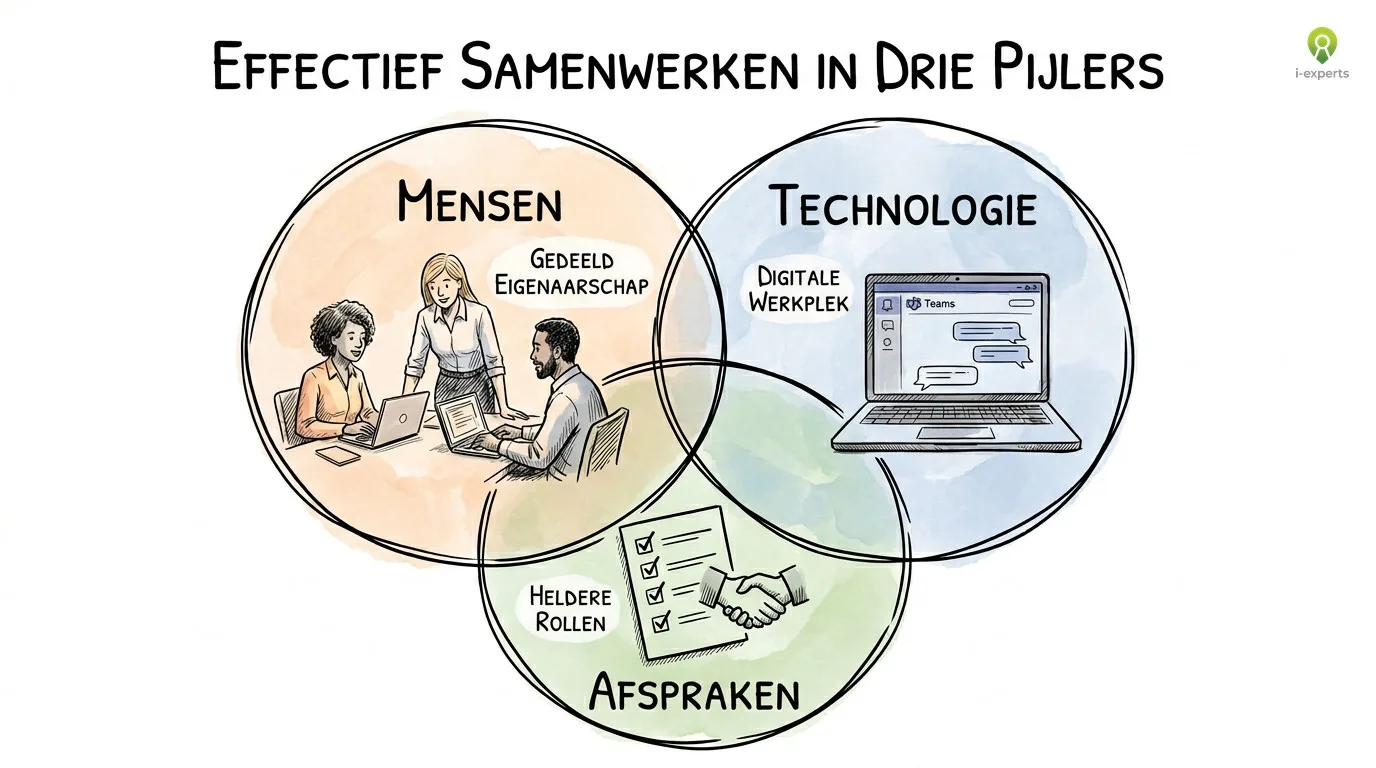 Effectief samenwerken in drie pijlers: mensen, technologie en afspraken als overlappende cirkels met gedeeld eigenaarschap, digitale werkplek en heldere rollen