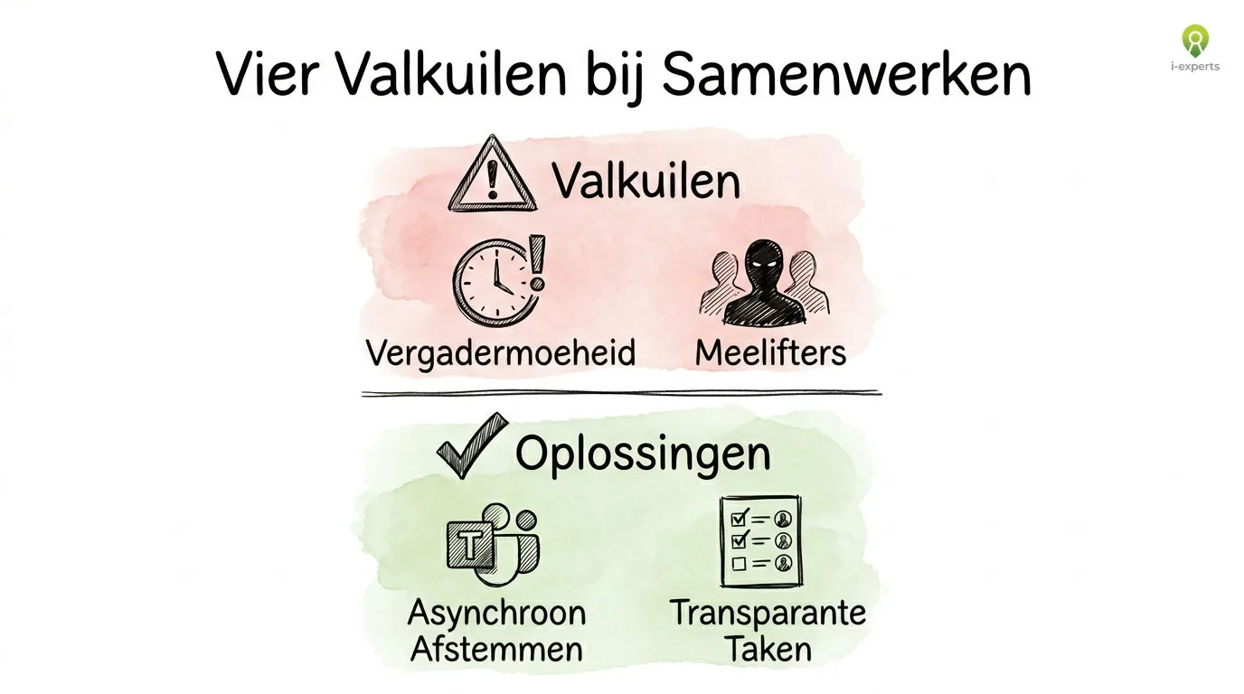 Vier valkuilen bij samenwerken: vergadermoeheid en meelifters, met oplossingen als asynchroon afstemmen en transparante taken