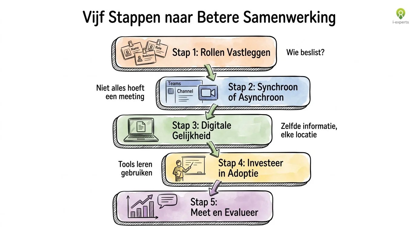 Vijf stappen naar betere samenwerking: rollen vastleggen, synchroon of asynchroon kiezen, digitale gelijkheid, investeren in adoptie en meten en evalueren
