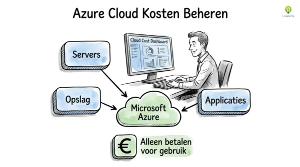 Hand-getekende illustratie van een IT-professional die Azure cloud kosten beheert via een dashboard met servers, opslag en applicaties verbonden met Microsoft Azure