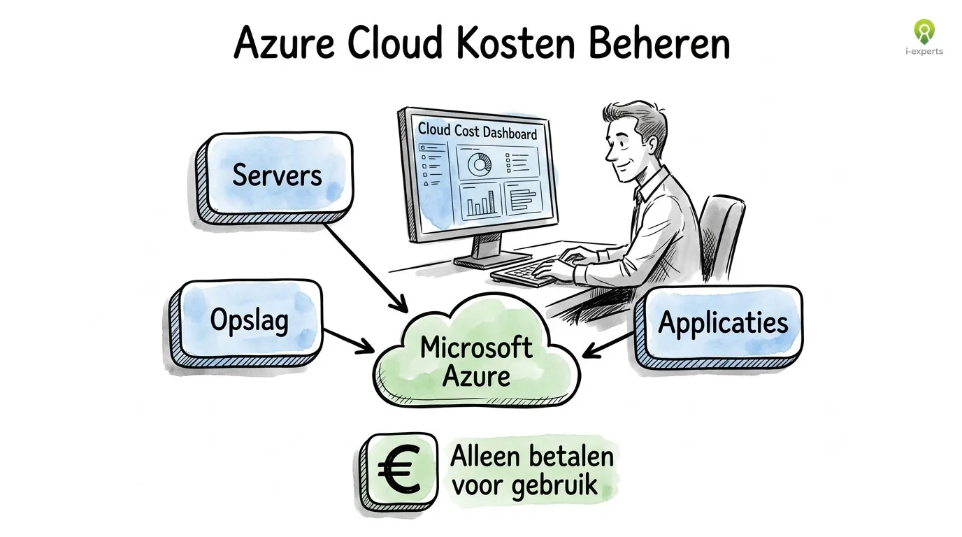 Hand-getekende illustratie van een IT-professional die Azure cloud kosten beheert via een dashboard met servers, opslag en applicaties verbonden met Microsoft Azure