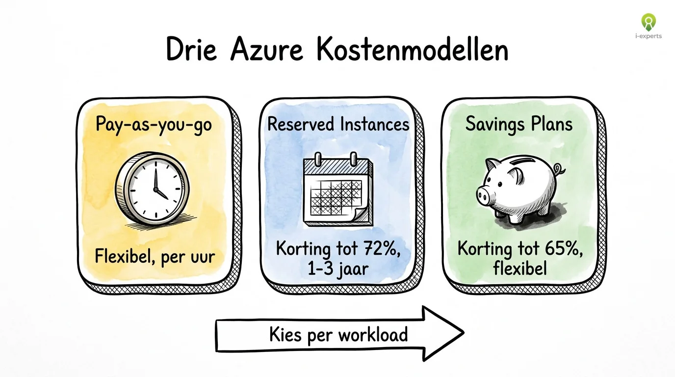 Vergelijking van drie Azure kostenmodellen: Pay-as-you-go, Reserved Instances met 72% korting, en Savings Plans met 65% korting