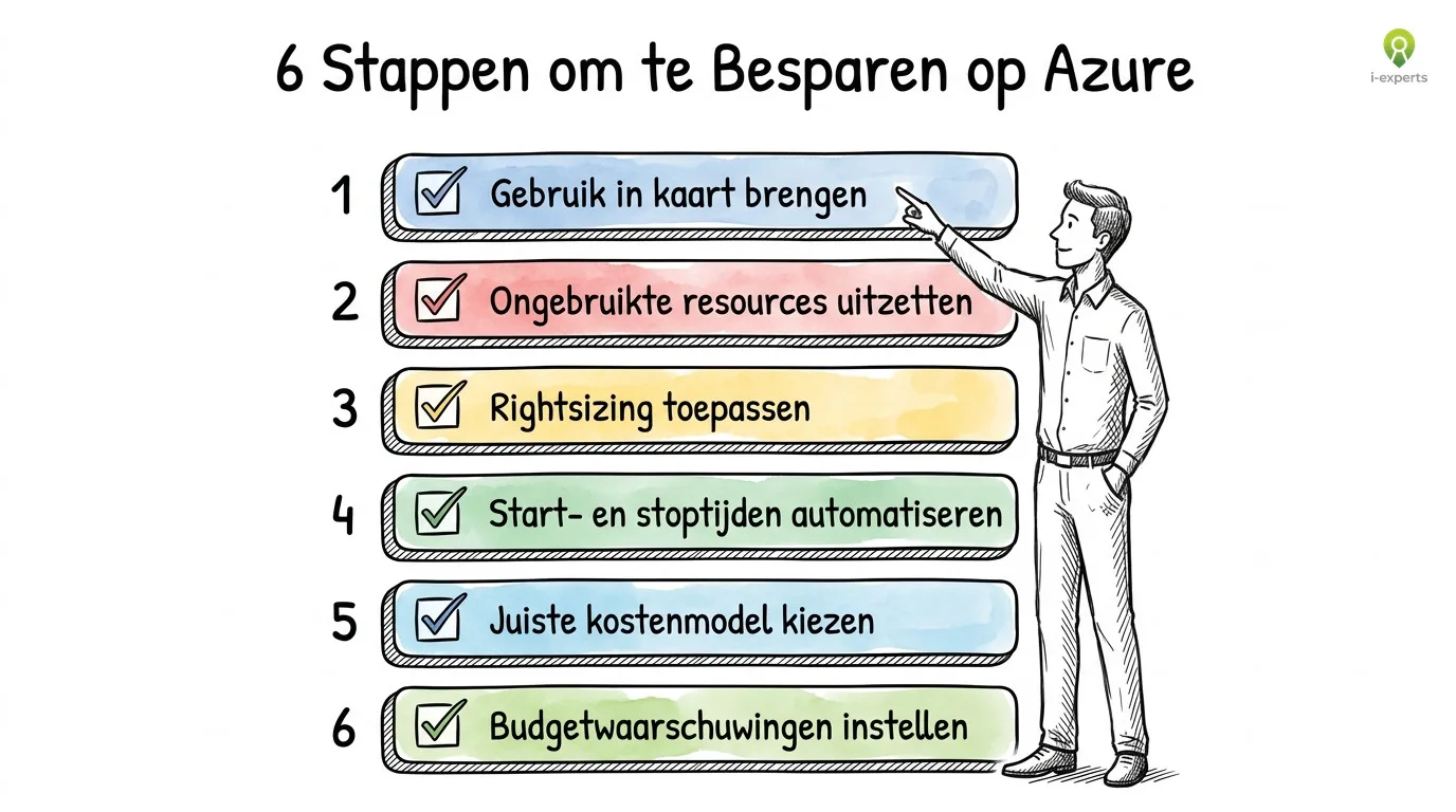 Checklist met 6 stappen om te besparen op Azure cloud kosten: gebruik in kaart brengen, ongebruikte resources uitzetten, rightsizing, automatiseren, kostenmodel kiezen, budgetwaarschuwingen