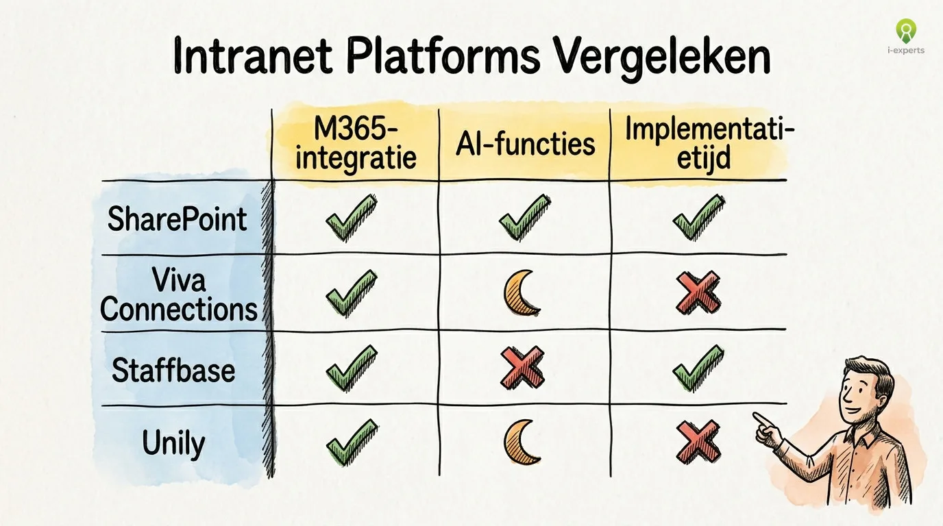 Vergelijkingstabel intranet software 2026: SharePoint, Viva Connections, Staffbase en Unily op M365-integratie, AI-functies en implementatietijd