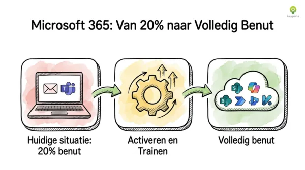 Diagram dat toont hoe Microsoft 365 functies benutten stijgt van 20% naar volledig gebruik via activatie en training