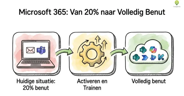 Diagram dat toont hoe Microsoft 365 functies benutten stijgt van 20% naar volledig gebruik via activatie en training