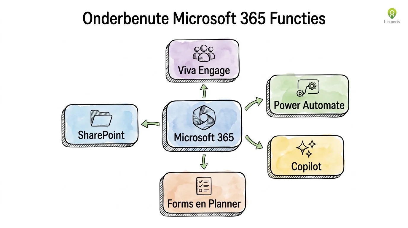 Hub-diagram van onderbenute Microsoft 365 functies: SharePoint, Viva Engage, Power Automate, Copilot en Forms