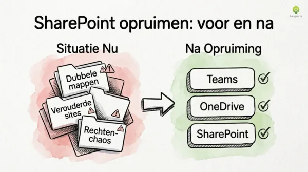 Voor-en-na diagram van SharePoint structuur herstellen: van chaos met dubbele mappen en rechten-problemen naar een ordelijk systeem met Teams, OneDrive en SharePoint